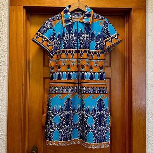 Vintage Blue Orange Collared Zip Dress Women’s US Large